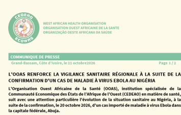 L'OOAS RENFORCE LA VIGILANCE SANITAIRE RÉGIONALE À LA SUITE DE LA CONFIRMATION D'UN CAS DE MALADIE À VIRUS EBOLA AU NIGÉRIAL'OOAS RENFORCE LA VIGILANCE SANITAIRE RÉGIONALE À LA SUITE DE LA CONFIRMATION D'UN CAS DE MALADIE À VIRUS EBOLA AU NIGÉRIA
