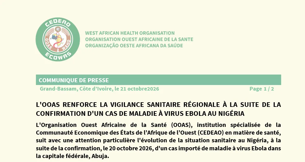 L'OOAS RENFORCE LA VIGILANCE SANITAIRE RÉGIONALE À LA SUITE DE LA CONFIRMATION D'UN CAS DE MALADIE À VIRUS EBOLA AU NIGÉRIAL'OOAS RENFORCE LA VIGILANCE SANITAIRE RÉGIONALE À LA SUITE DE LA CONFIRMATION D'UN CAS DE MALADIE À VIRUS EBOLA AU NIGÉRIA