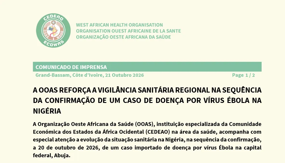 A OOAS REFORÇA A VIGILÂNCIA SANITÁRIA REGIONAL NA SEQUÊNCIA DA CONFIRMAÇÃO DE UM CASO DE DOENÇA POR VÍRUS ÉBOLA NA NIGÉRIA